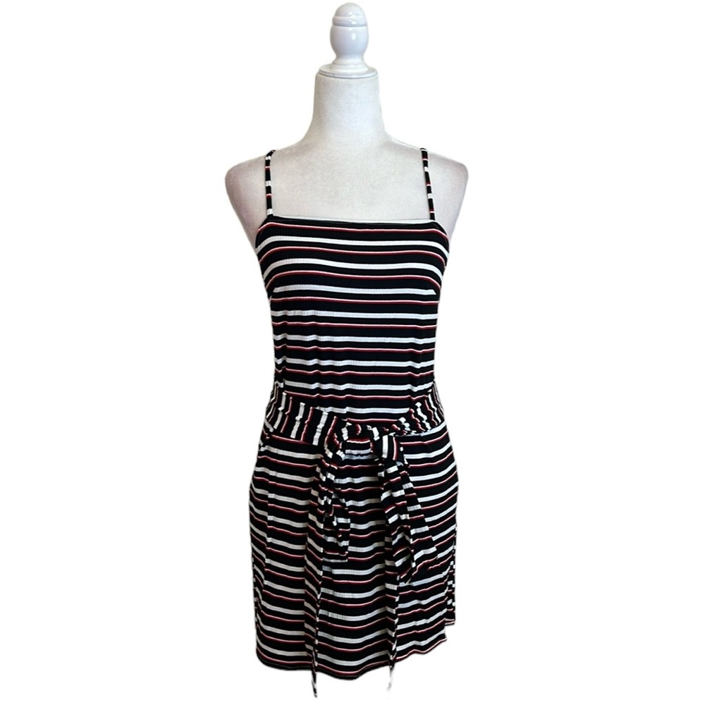 Olivaceous Red/Black Striped Wrap Dress. Size M